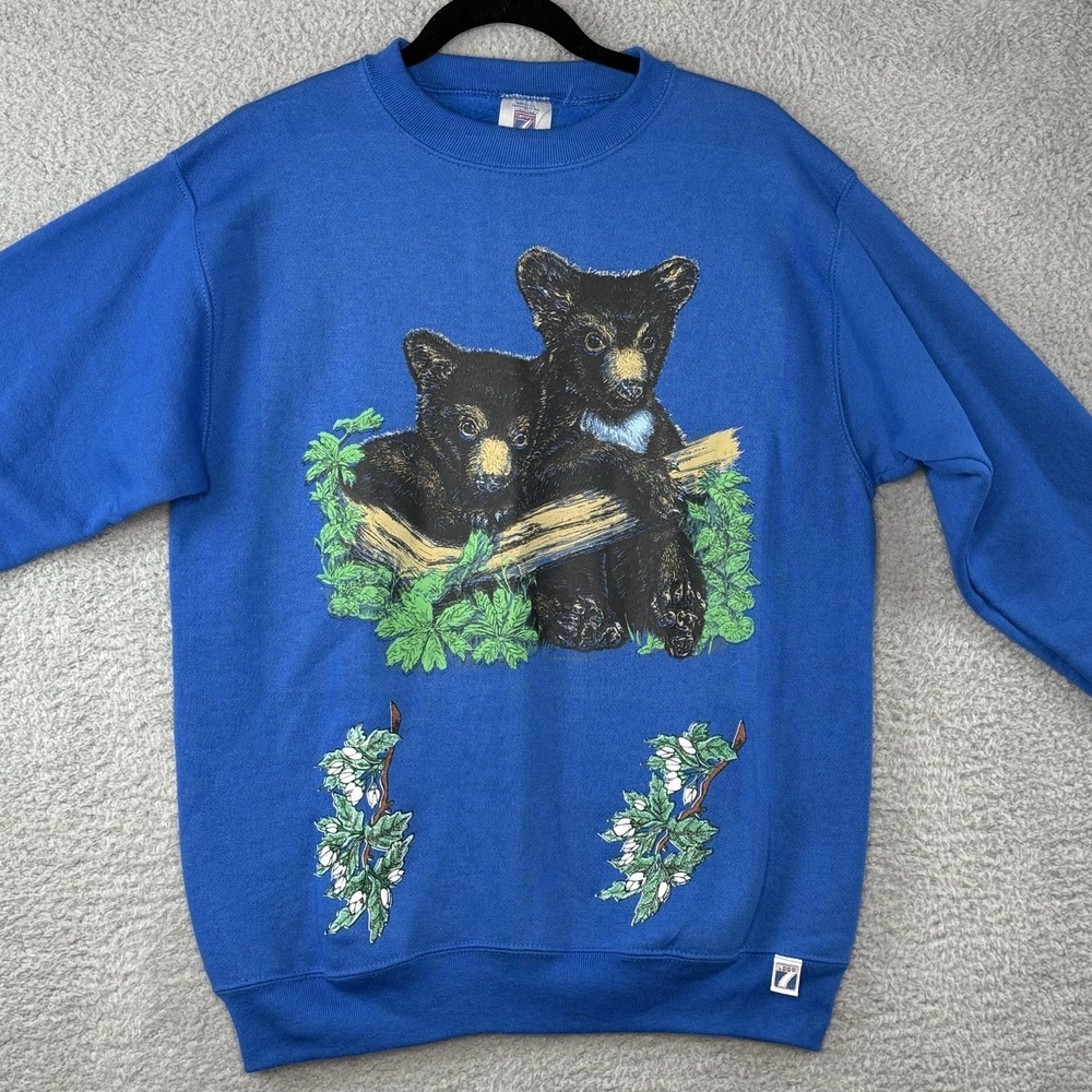 VTG Logo 7 Sweatshirt Medium Blue Black Bear Cubs Crew Neck USA 90s Nature Print